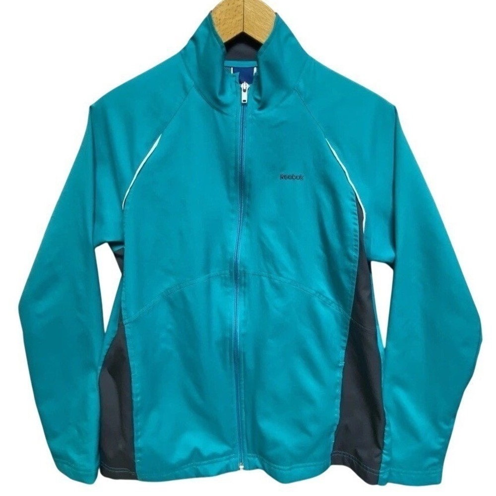 Reebok Track Jacket Womens Medium Teal Blue Full Zip Mesh Lined Athletic Raglan‎